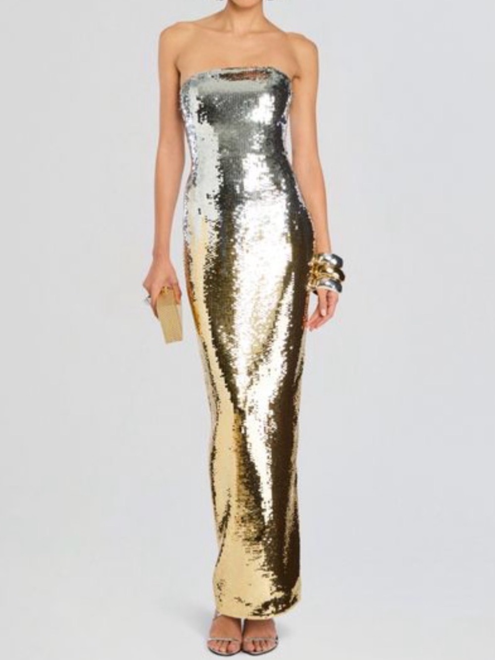Retrofete Sheeba Sequin Dress Silver Gold Ombre Strapless Column Gown Size S